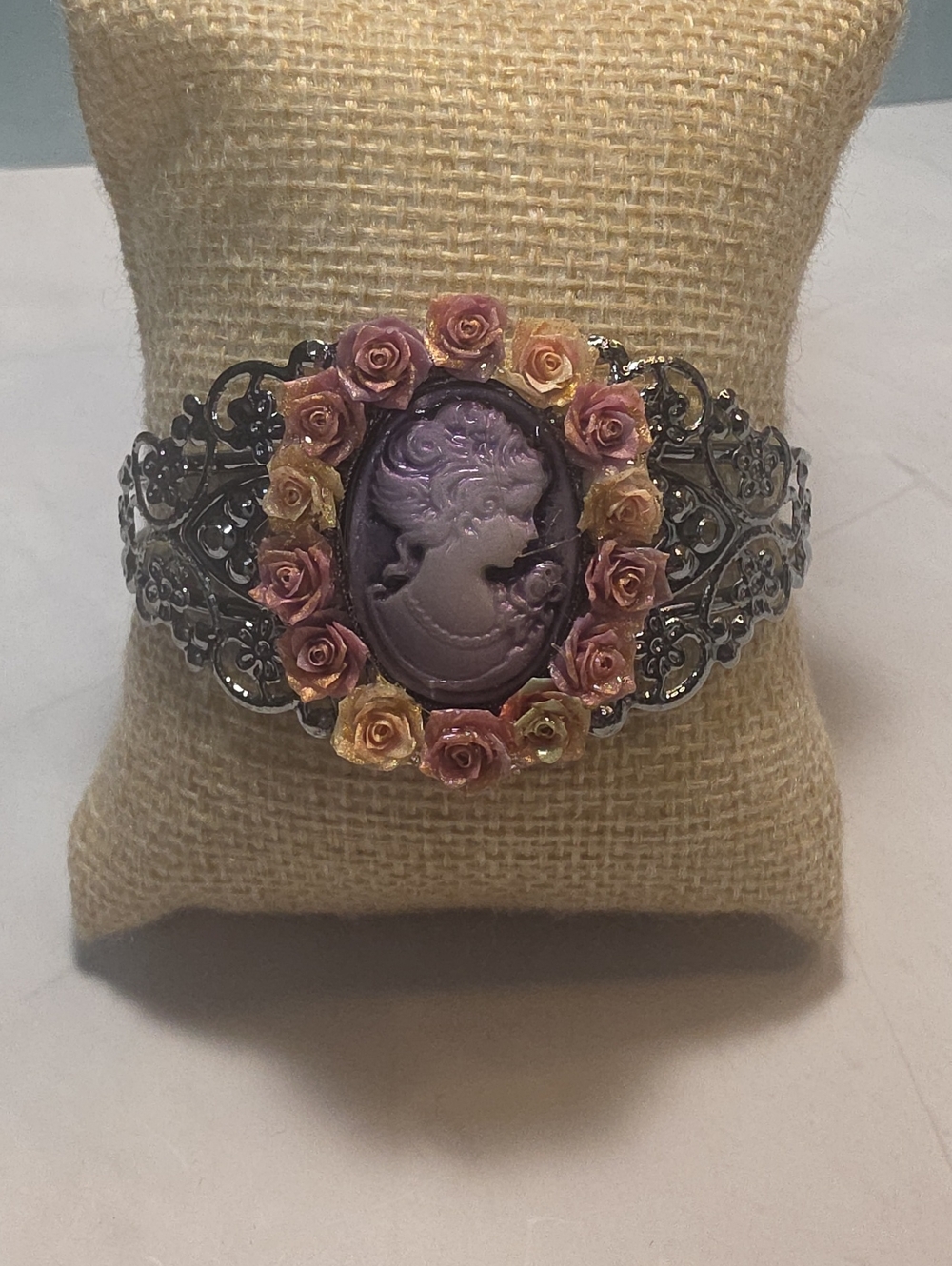 Purple Cameo Floral Cuff Bracelet with Pink and Peach Roses